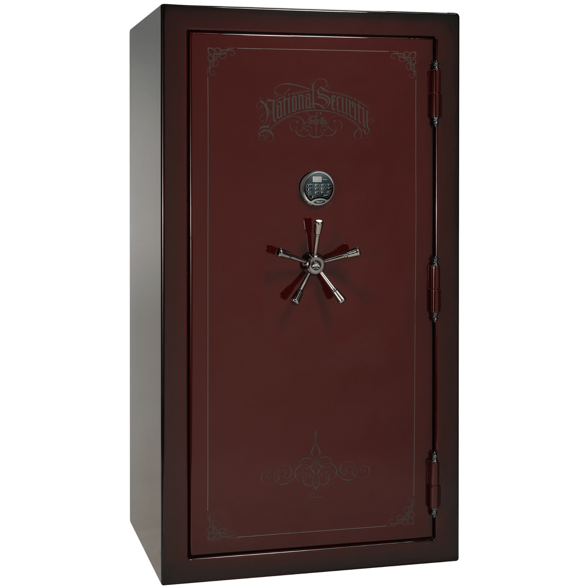 Liberty Safe Classic Plus 40 in Feathered Burgundy Gloss with Black Chrome Electronic Lock, closed door.