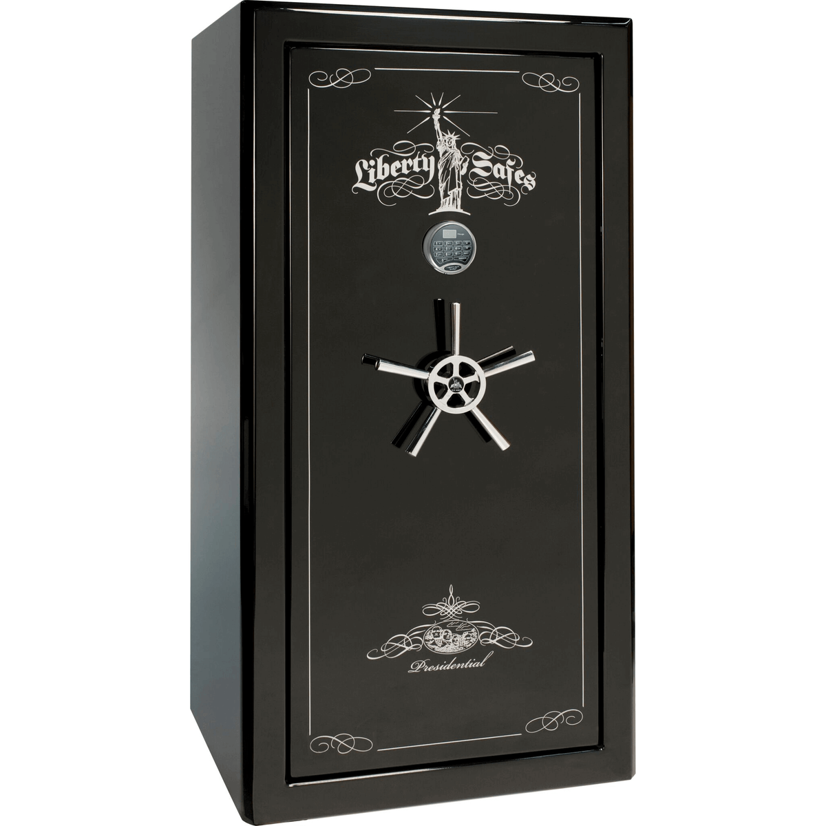 Liberty Safe Presidential 25 in Black Gloss with Chrome Electronic Lock, closed door.