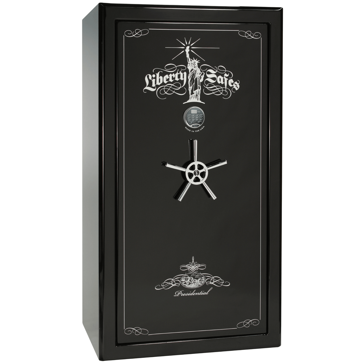 Liberty Safe Presidential 40 in Black Gloss with Chrome Electronic Lock, closed door.