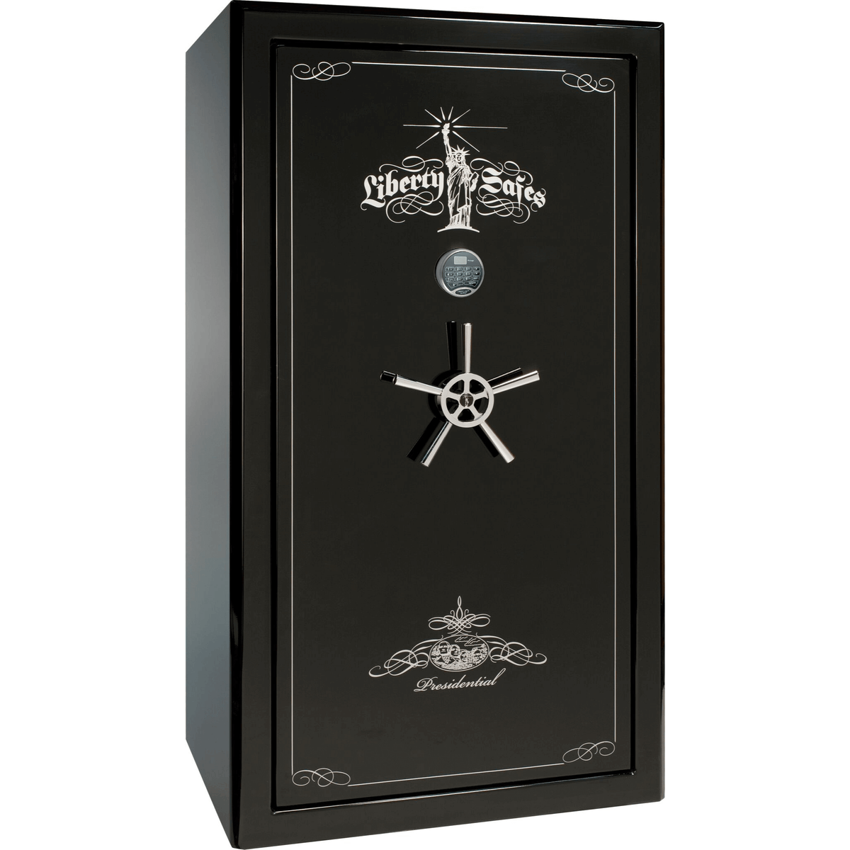 Liberty Safe Presidential 50 in Black Gloss with Chrome Electronic Lock, closed door.