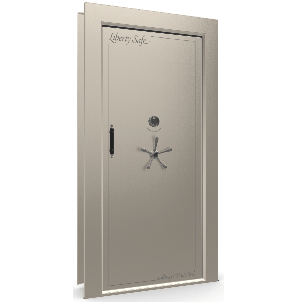 The Beast Vault Door in Champagne Gloss with Black Chrome Electronic Lock, Right Inswing, door closed.