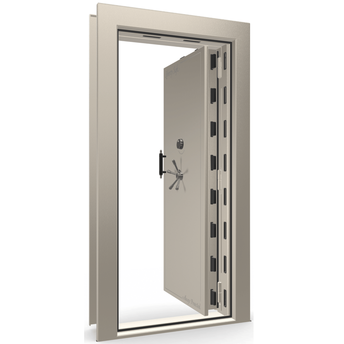 The Beast Vault Door in Champagne Gloss with Black Chrome Electronic Lock, Right Inswing, door open.