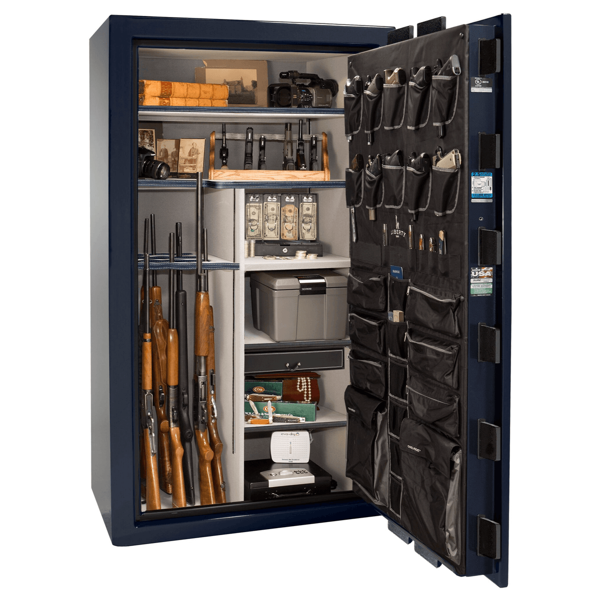 Liberty Safe National Magnum 50 in Blue Gloss, open door.