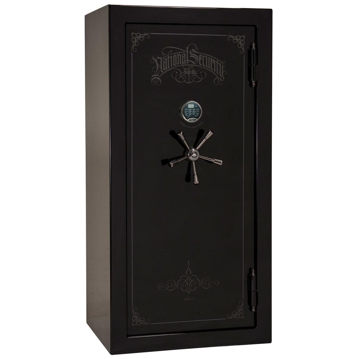 Liberty Safe Classic Plus 25 in Black Gloss with Black Chrome Electronic Lock, closed door.