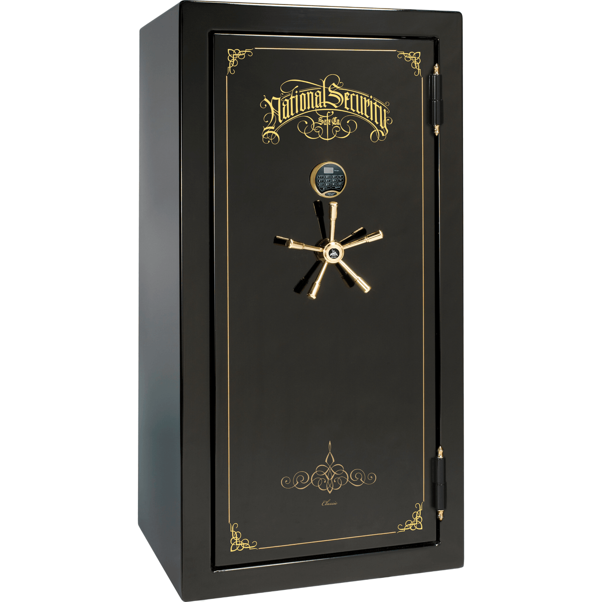 Liberty Safe Classic Plus 25 in Black Gloss with Brass Electronic Lock, closed door.