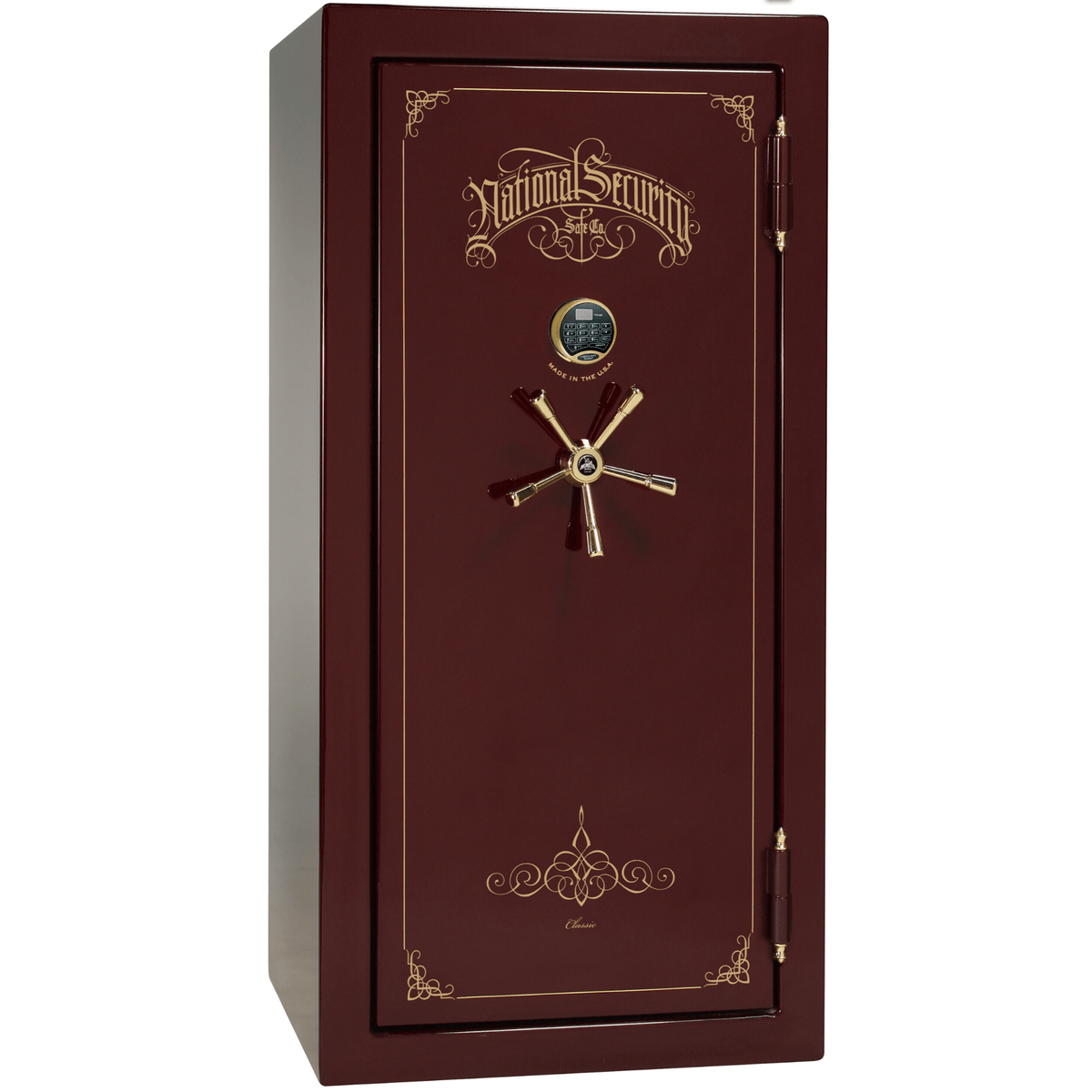 Liberty Safe Classic Plus 25 in Burgundy Gloss with Brass Electronic Lock, closed door.