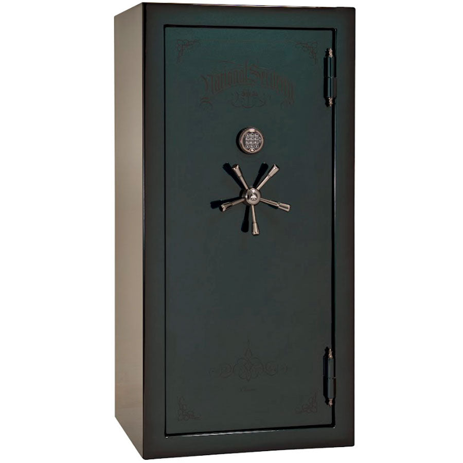 Liberty Safe Classic Plus 25 in Feathered Green Gloss with Black Chrome Electronic Lock, closed door.