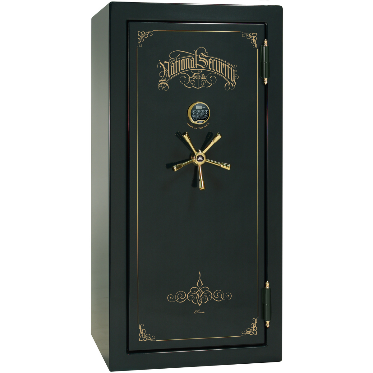 Liberty Safe Classic Plus 25 in Green Gloss with Brass Electronic Lock, closed door.