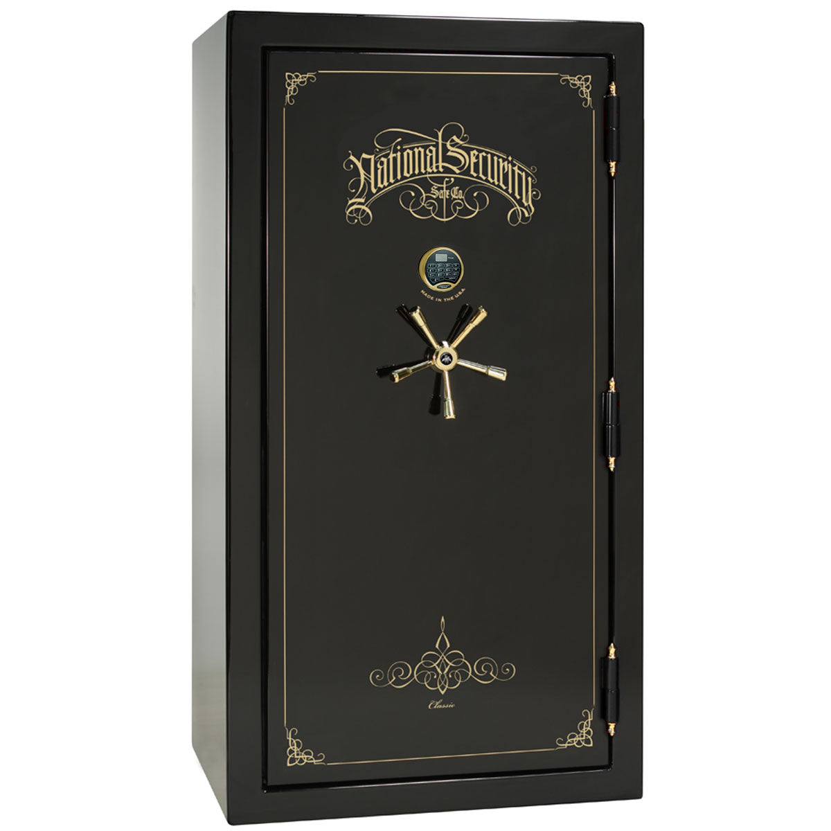 Liberty Safe Classic Plus 40 in Black Gloss with Brass Electronic Lock, closed door.