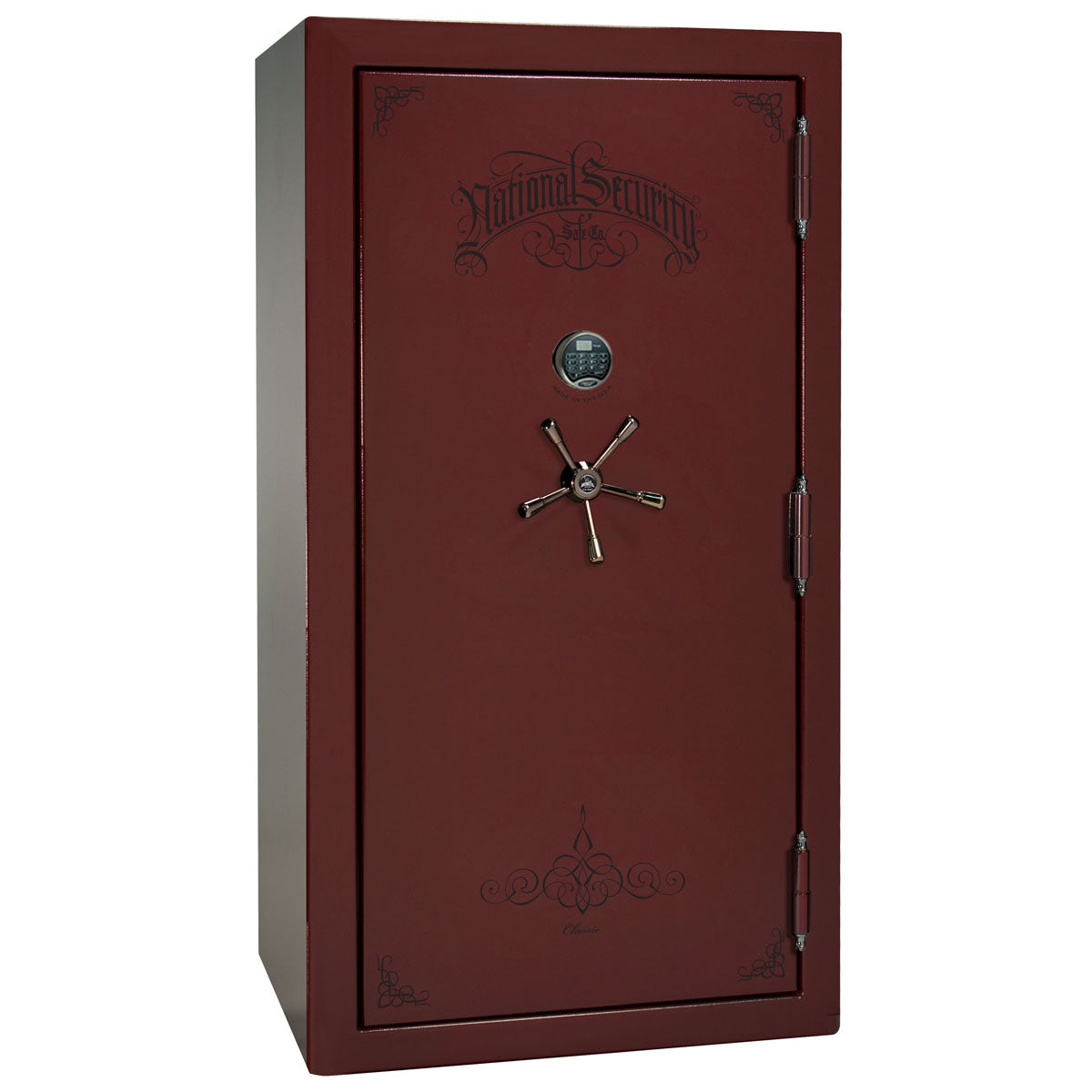 Liberty Safe Classic Plus 40 in Burgundy Marble with Black Chrome Electronic Lock, closed door.