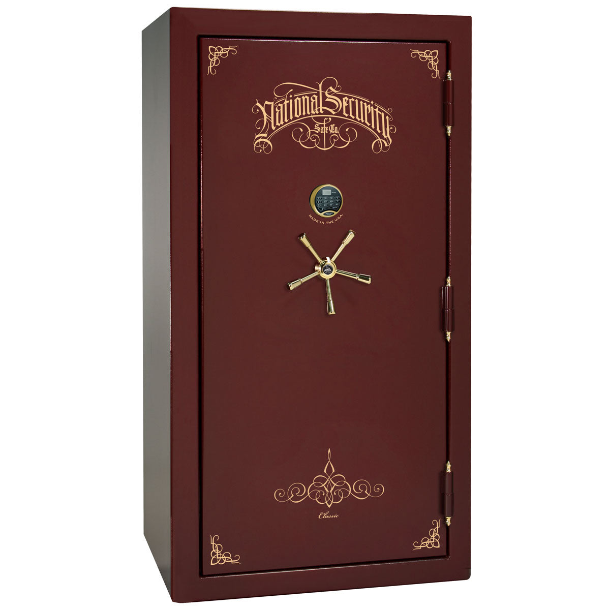 Liberty Safe Classic Plus 40 in Burgundy Marble with Brass Electronic Lock, closed door.