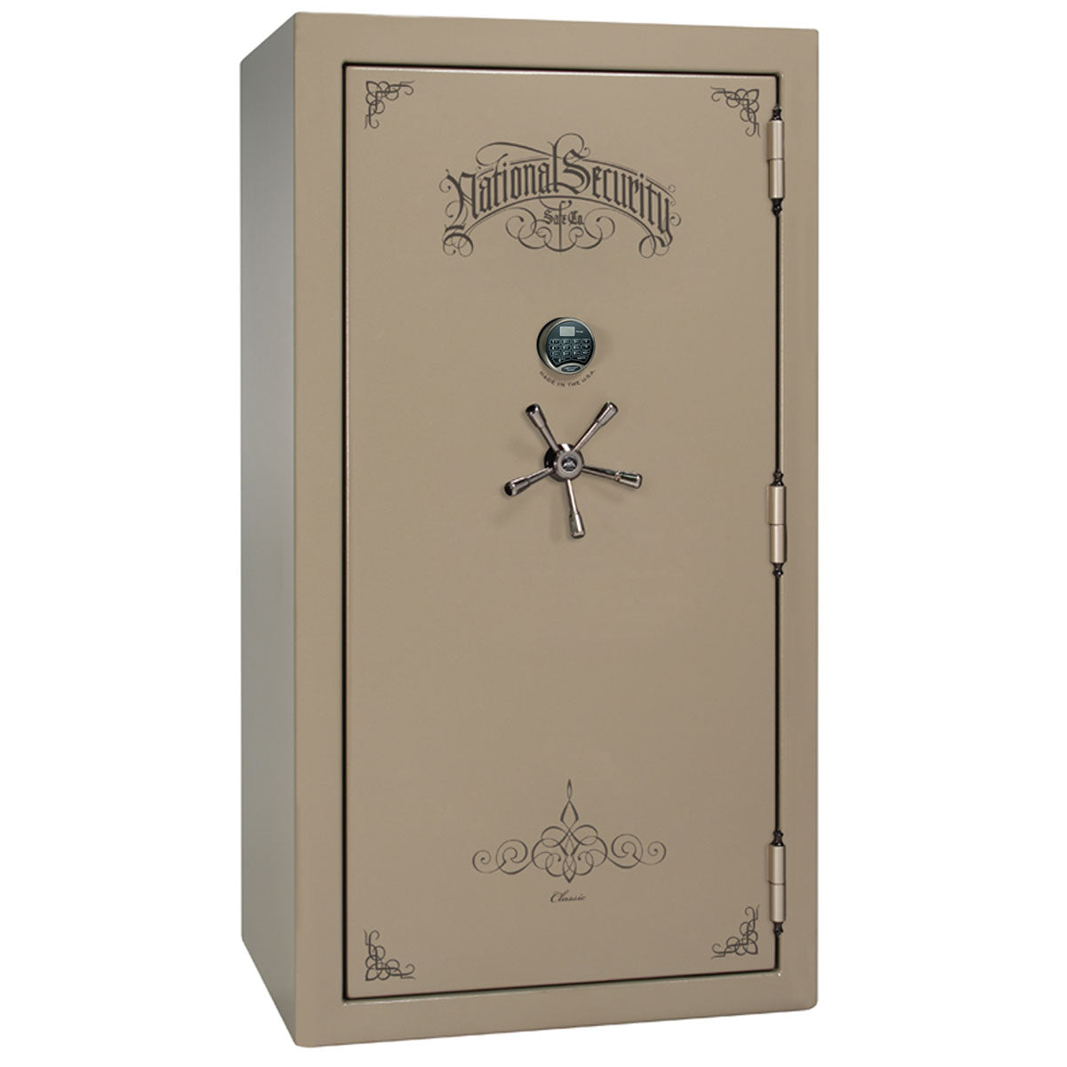 Liberty Safe Classic Plus 40 in Champagne Marble with Black Chrome Electronic Lock, closed door.