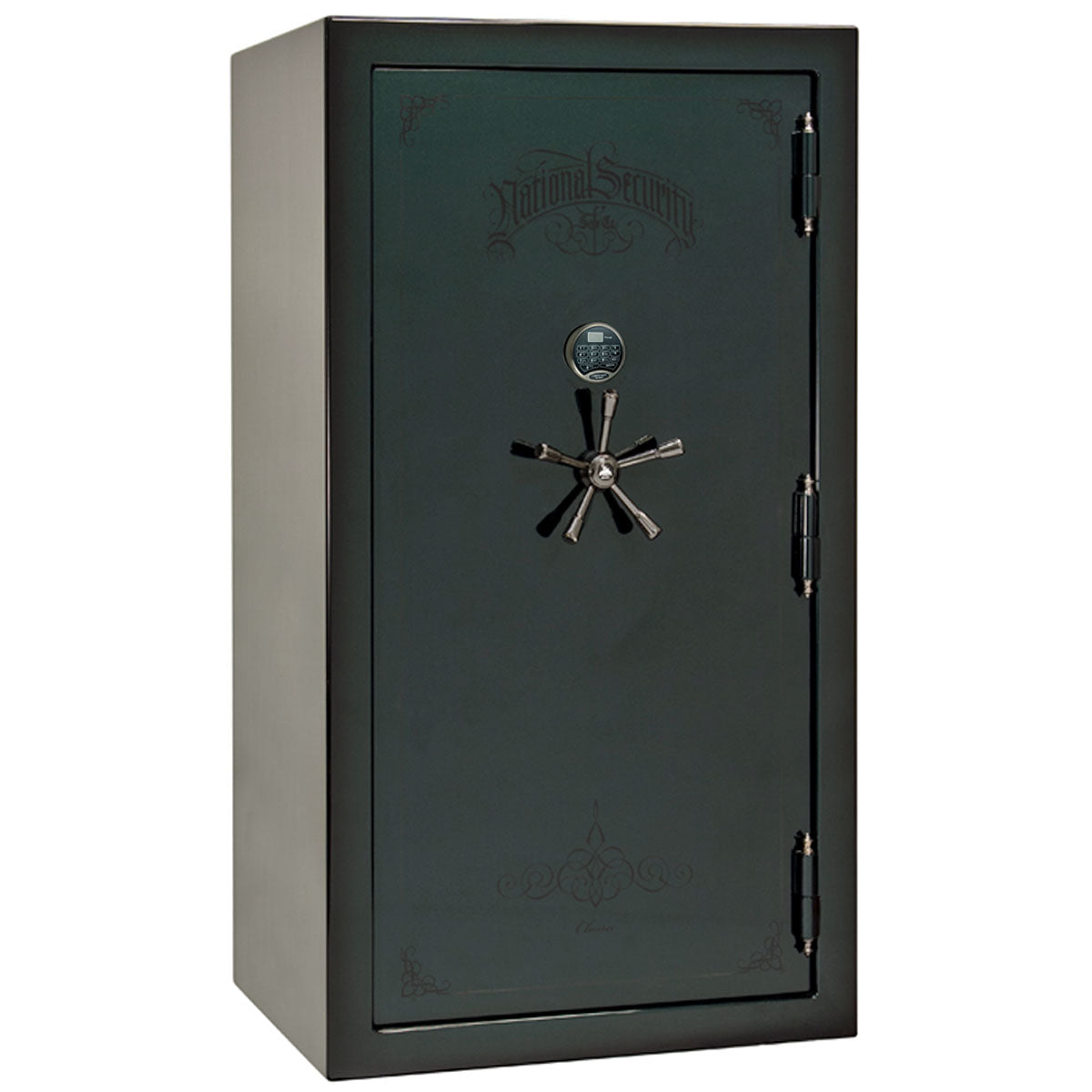 Liberty Safe Classic Plus 40 in Feathered Green Gloss with Black Chrome Electronic Lock, closed door.