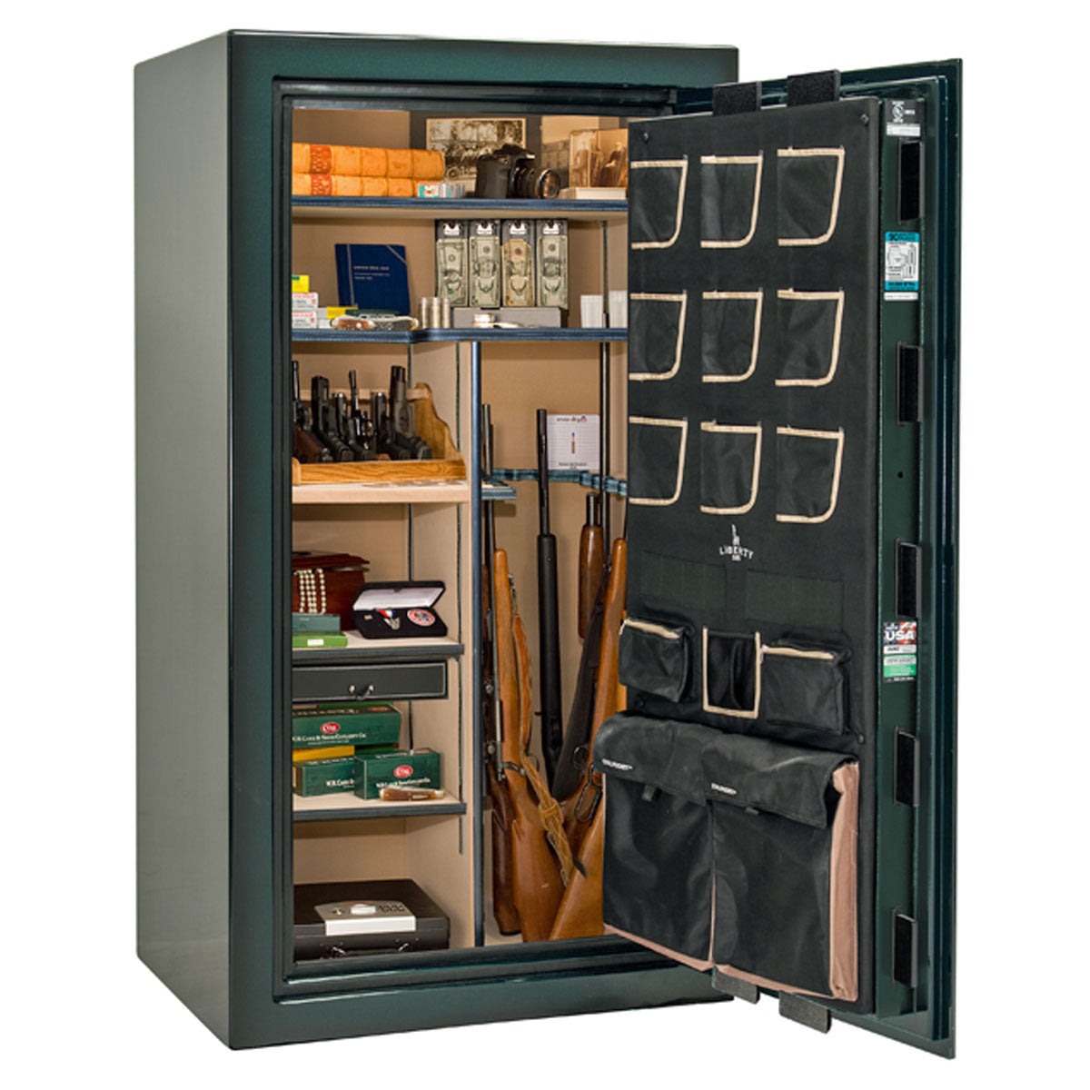 Liberty Safe Classic Plus 40 in Feathered Green Gloss, open door. 