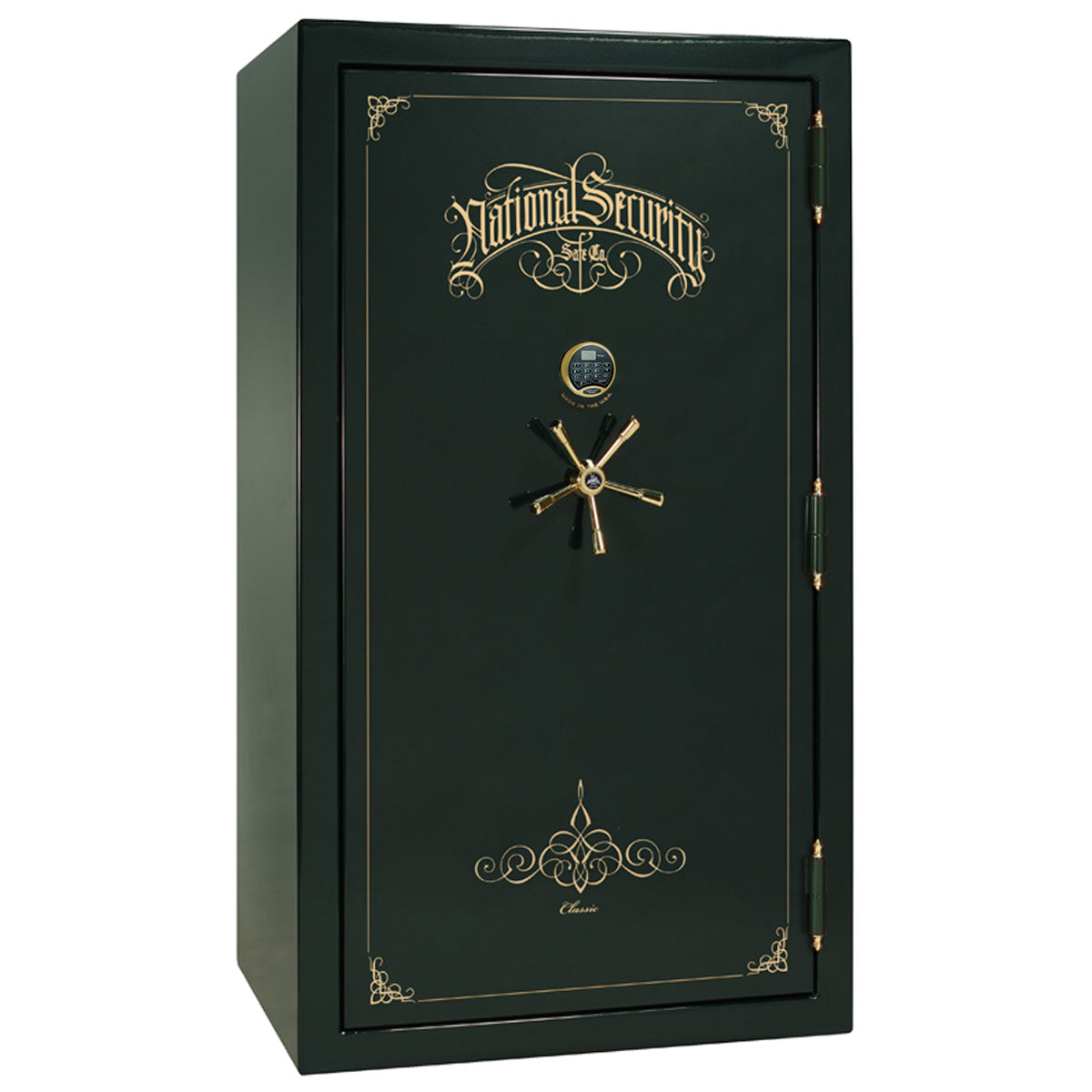 Liberty Safe Classic Plus 40 in Green Gloss with Brass Electronic Lock, closed door.
