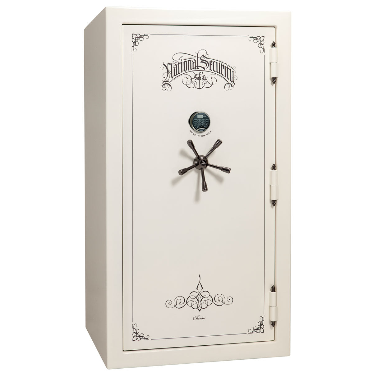 Liberty Safe Classic Plus 40 in White Gloss with Black Chrome Electronic Lock, closed door.
