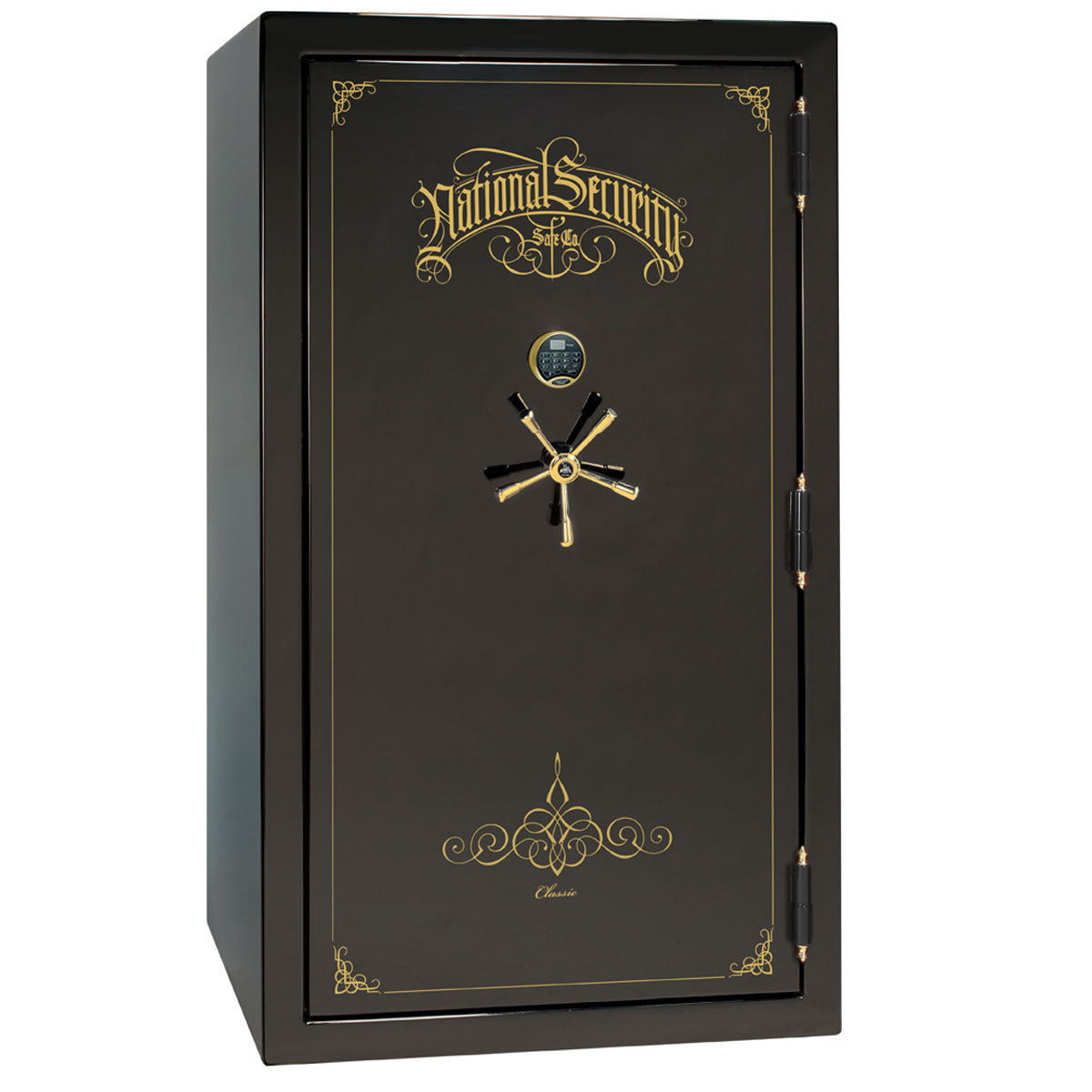 Liberty Safe Classic Plus 50 in Black Gloss with Brass Electronic Lock, closed door.