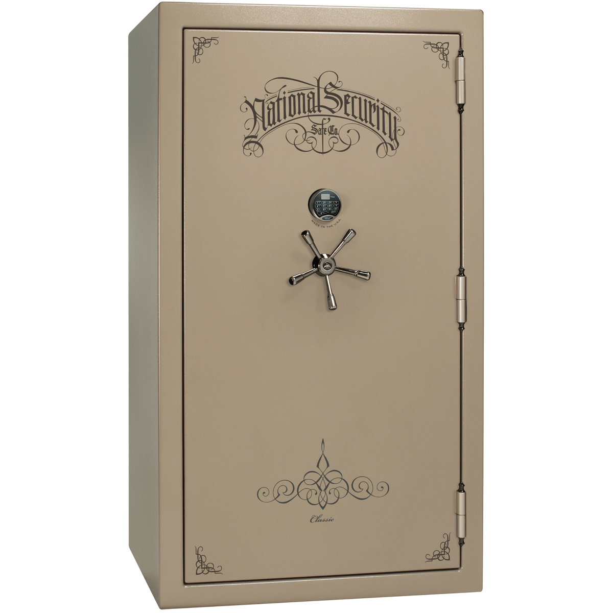 Liberty Safe Classic Plus 50 in Champagne Marble with Black Chrome Electronic Lock, closed door.