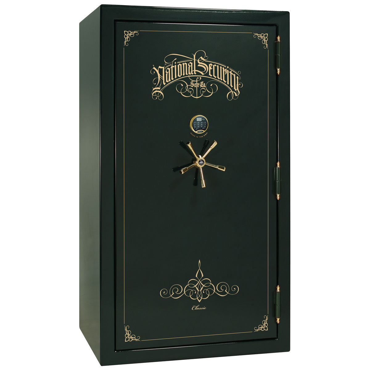 Liberty Safe Classic Plus 50 in Green Gloss with Brass Electronic Lock, closed door.