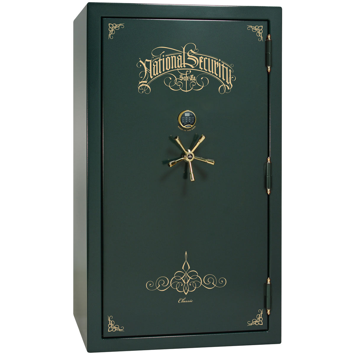 Liberty Safe Classic Plus 50 in Green Marble with Brass Electronic Lock, closed door.