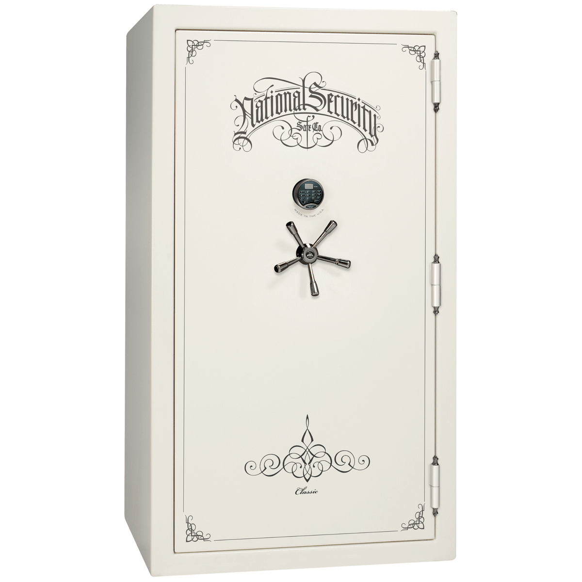 Liberty Safe Classic Plus 50 in White Gloss with Black Chrome Electronic Lock, closed door.