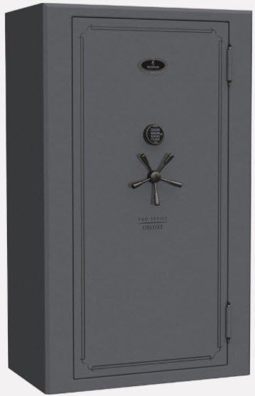 Browning ProSteel Deluxe 49T gun safe in Charcoal Textured finish with chrome handle, Tall Wide model with 49-gun capacity closeout.