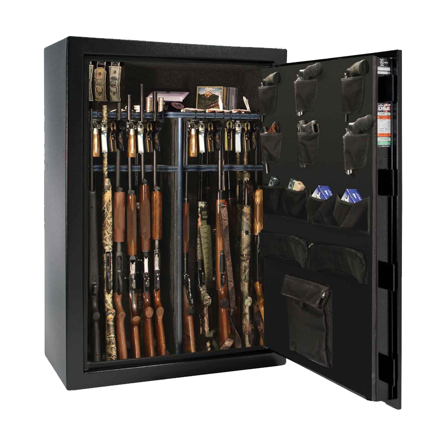 Liberty Safe&#39;s FREEDOM 48 in textured black exterior surface finish, door open.