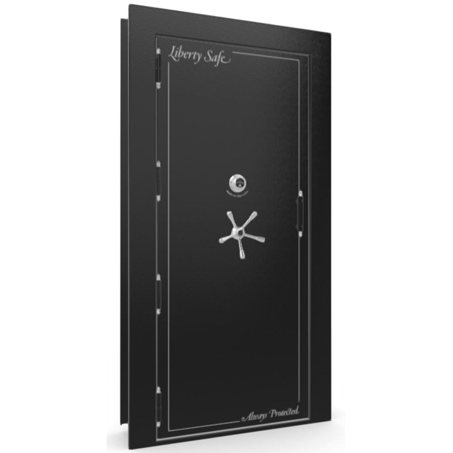 The Beast Vault Door in Textured Black with Chrome Electronic Lock, Left Outswing, door closed.
