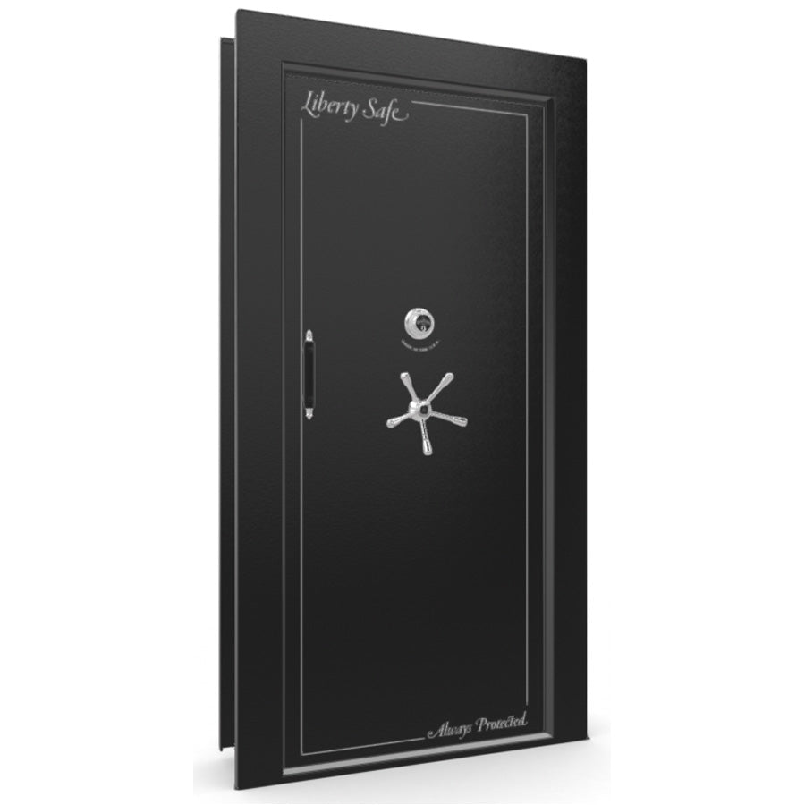 The Beast Vault Door in Textured Black with Chrome Electronic Lock, Right Inswing, door closed.