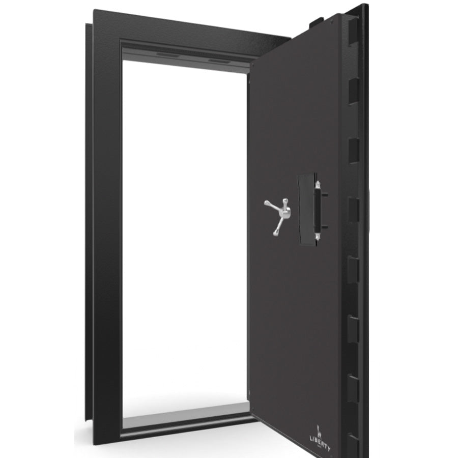 The Beast Vault Door in Textured Black with Chrome Electronic Lock, Right Outswing, door open.