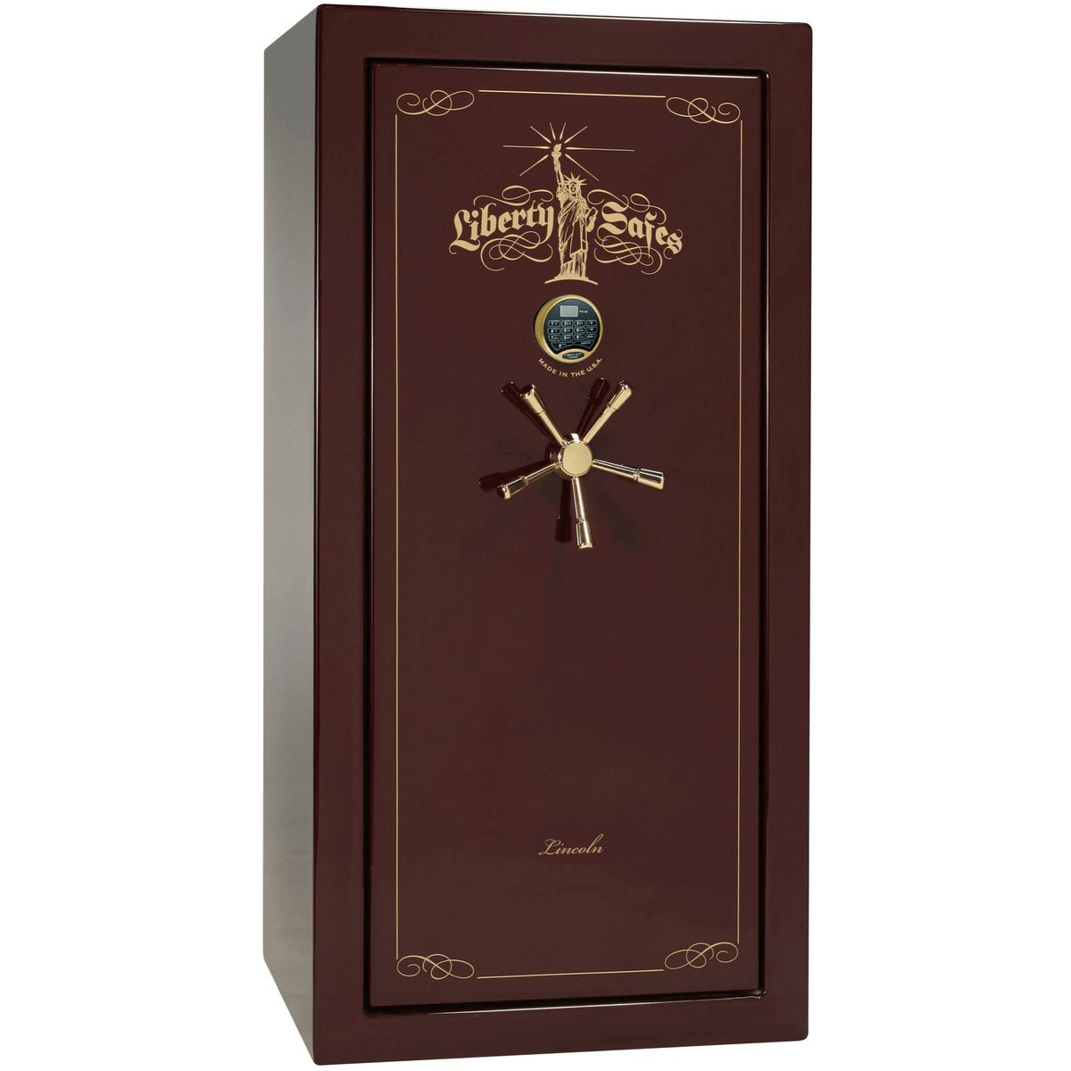 Liberty Lincoln 25 Safe in Burgundy Gloss with Brass Electronic Lock.