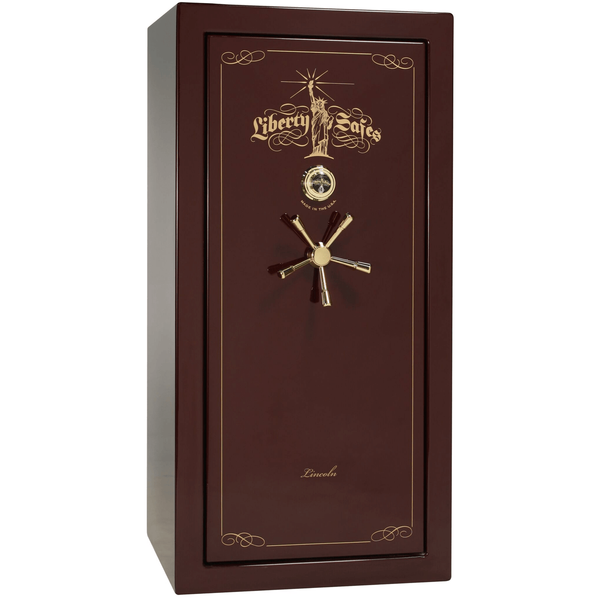 Liberty Lincoln 25 Safe in Burgundy Gloss with Brass Mechanical Lock.