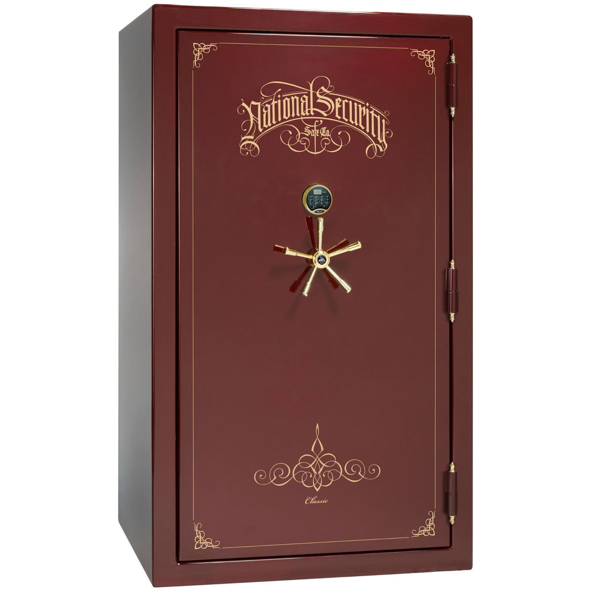 Liberty Safe Classic Plus 50 in Burgundy Gloss with Brass Electronic Lock, closed door.