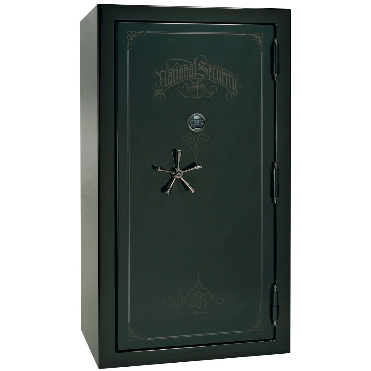 Liberty Safe Classic Plus 50 in Feathered Green Gloss with Black Chrome Electronic Lock, closed door.