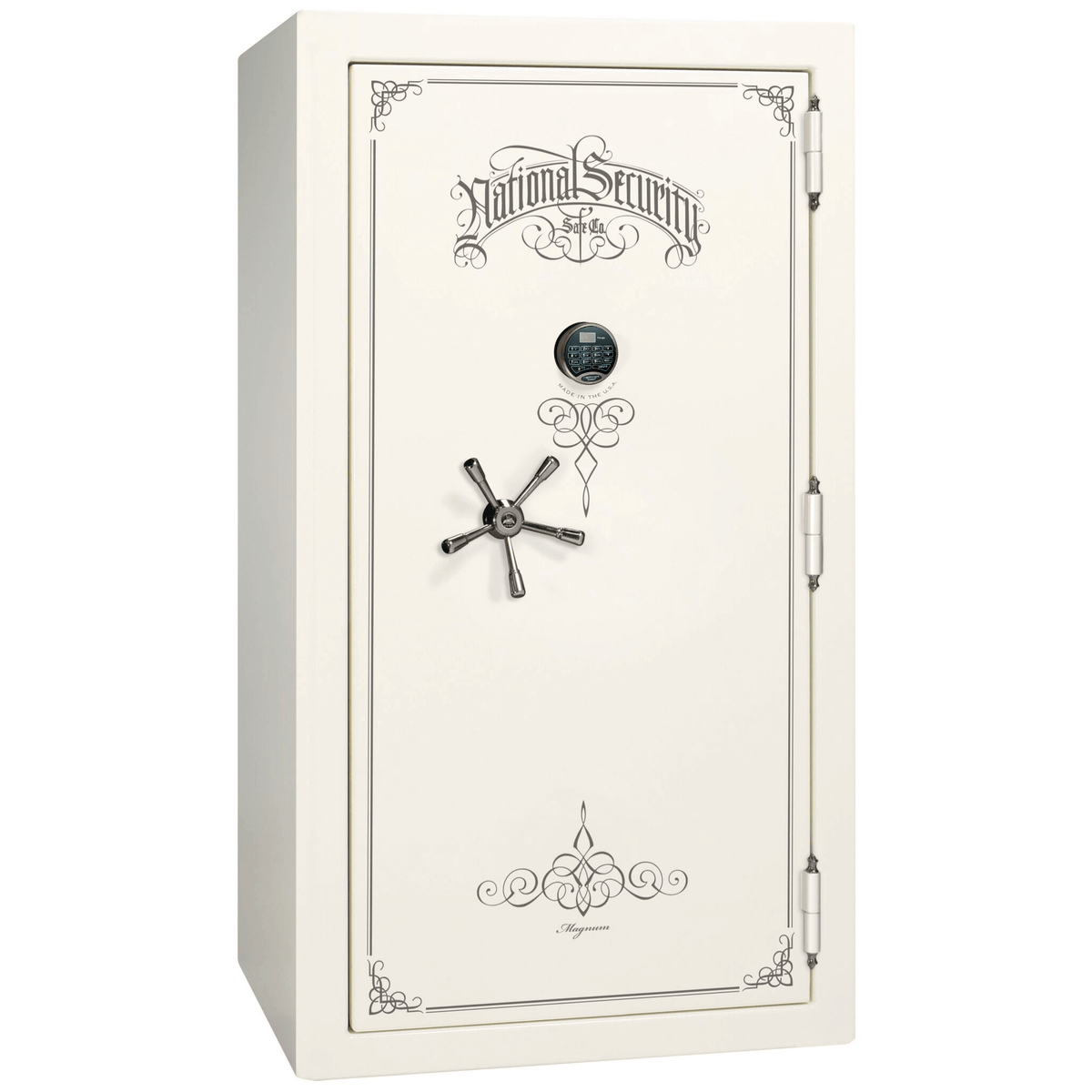 Liberty Safe National Magnum 40 in White Gloss with Black Chrome Electronic Lock, closed door.
