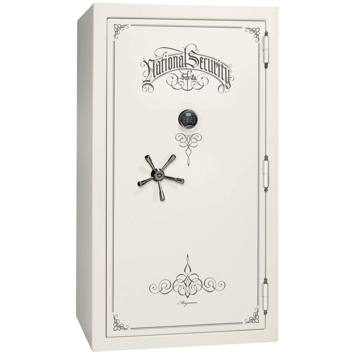 Liberty Safe National Magnum 50 in White Gloss with Black Chrome Electronic Lock, closed door.