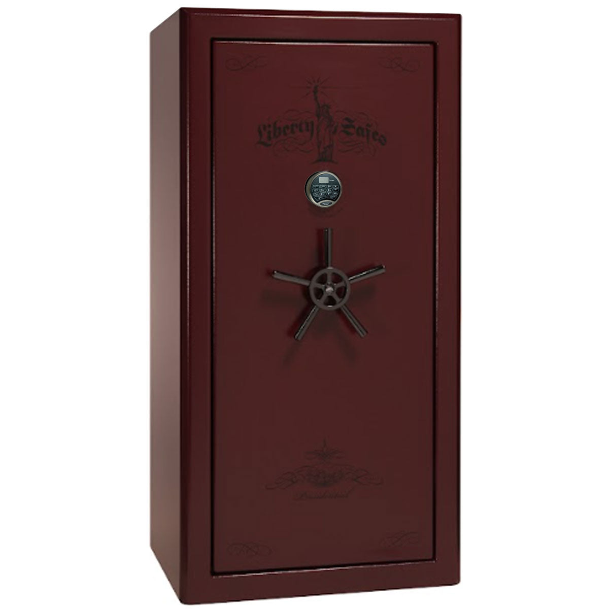Liberty Safe Presidential 25 in Burgundy Marble with Black Chrome Electronic Lock, closed door.