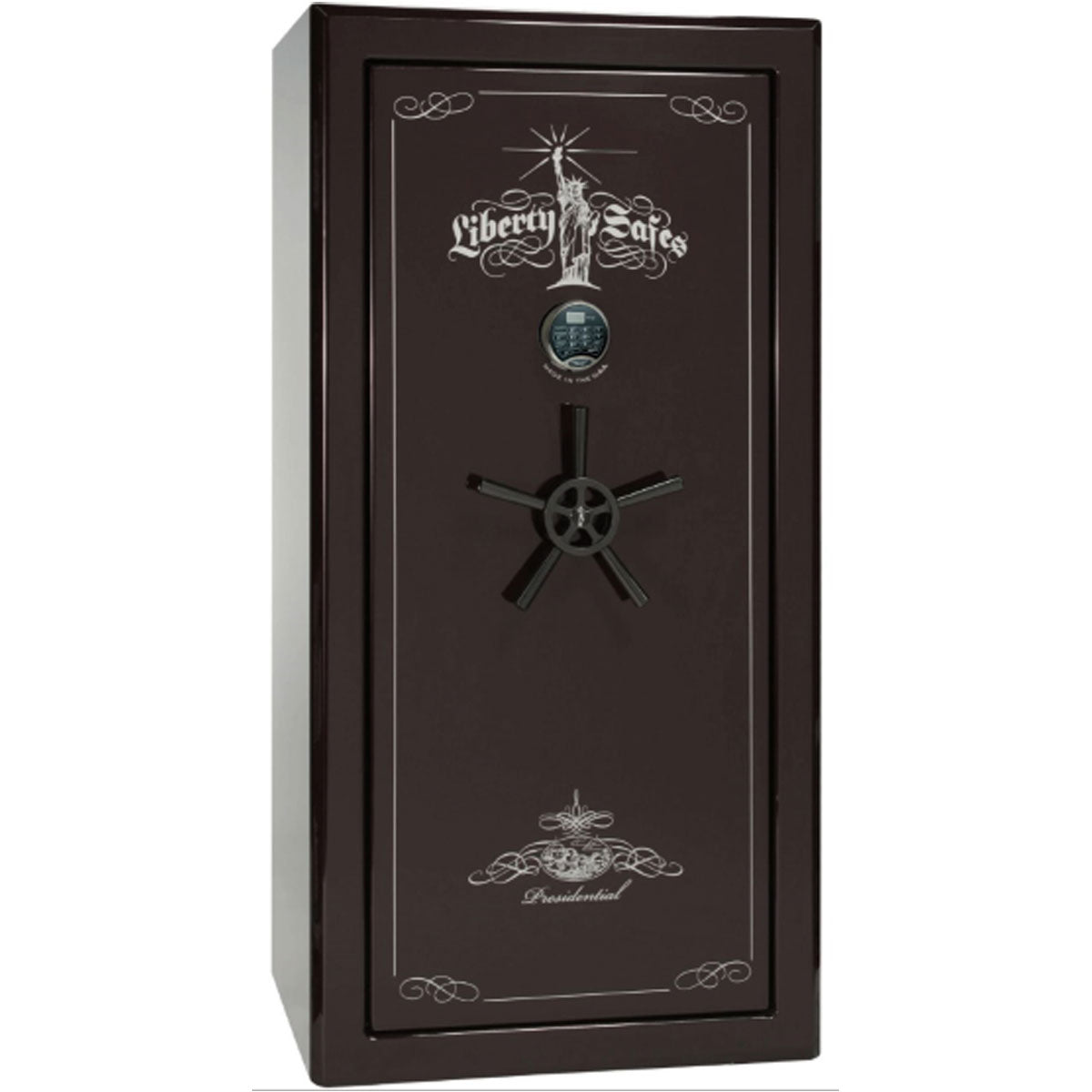 Liberty Safe Presidential 25 in Black Cherry Gloss with Black Chrome Electronic Lock, closed door.