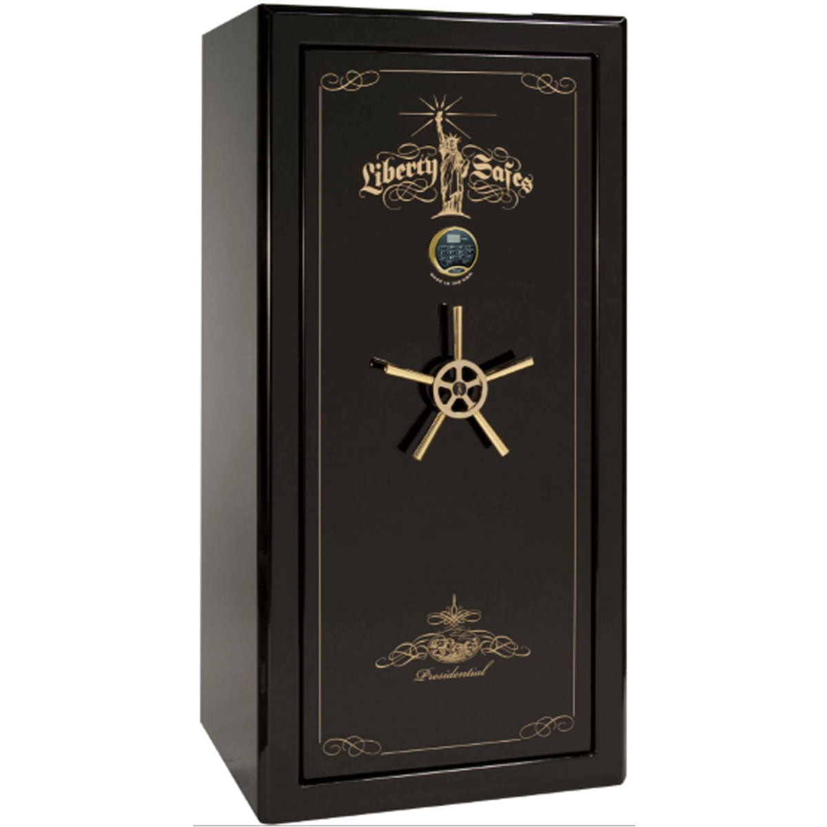 Liberty Safe Presidential 25 in Black Gloss with 24k Gold Electronic Lock, closed door.