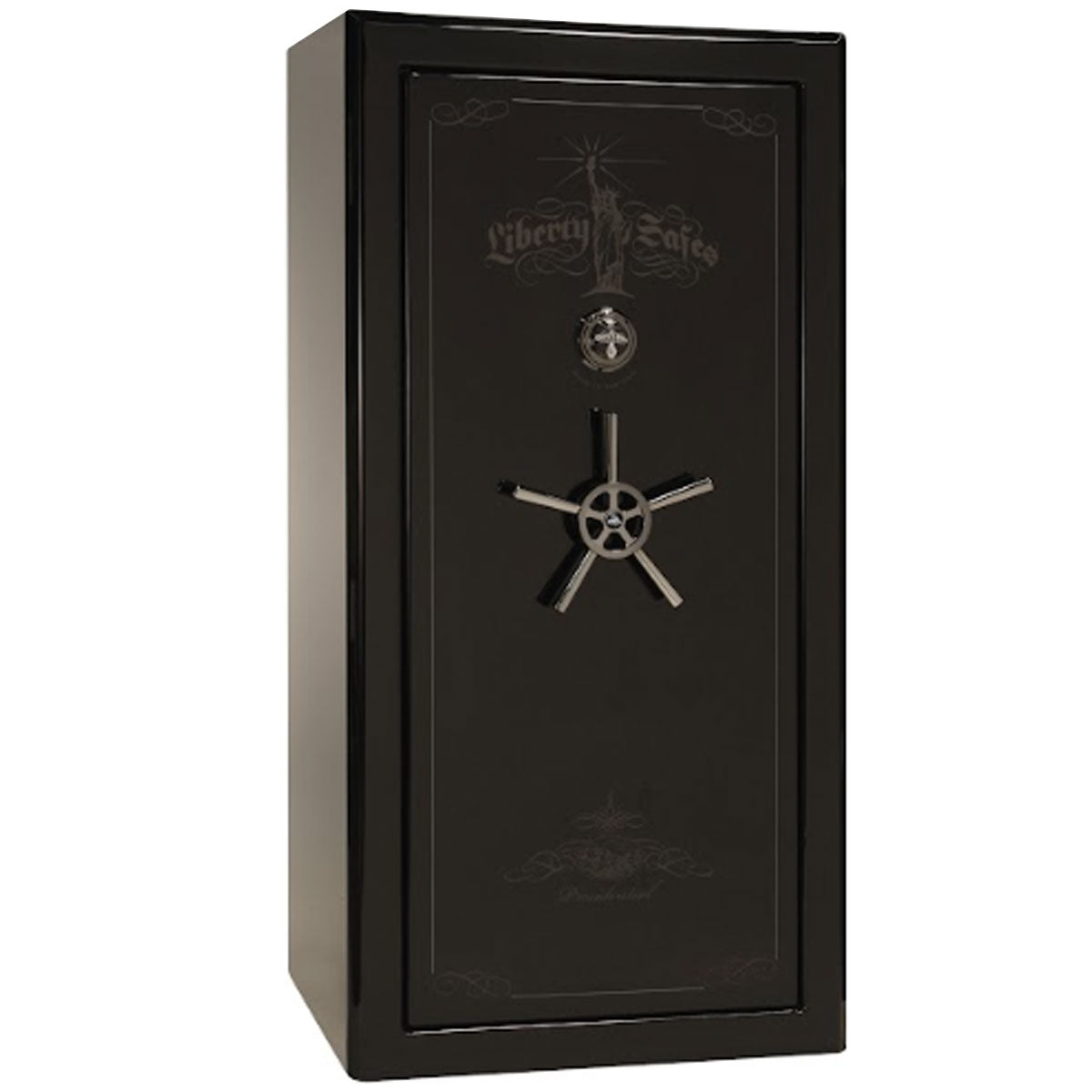Liberty Safe Presidential 25 in Black Gloss with Black Chrome Electronic Lock, closed door.