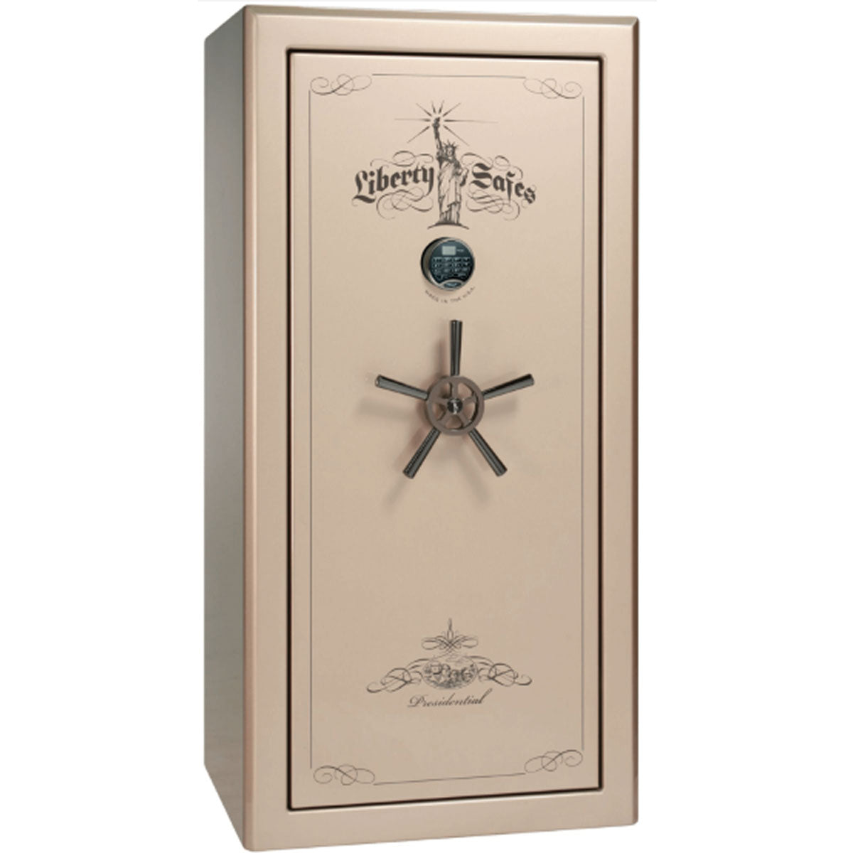 Liberty Safe Presidential 25 in Champagne Gloss with Black Chrome Electronic Lock, closed door.