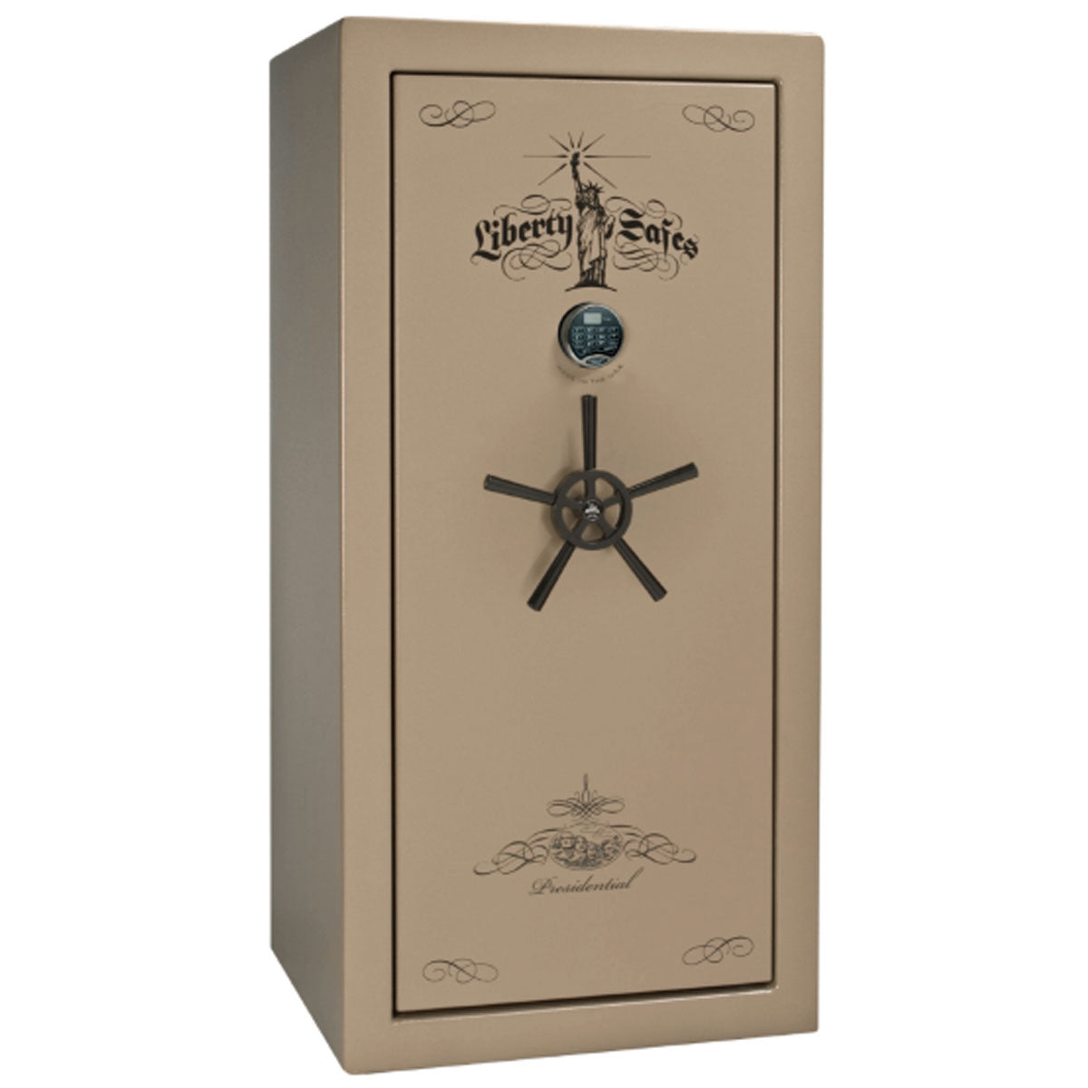 Liberty Safe Presidential 25 in Champagne Marble with Black Chrome Electronic Lock, closed door.
