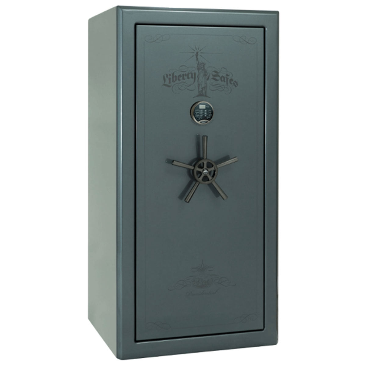 Liberty Safe Presidential 25 in Forest Mist Gloss with Black Chrome Electronic Lock, closed door.