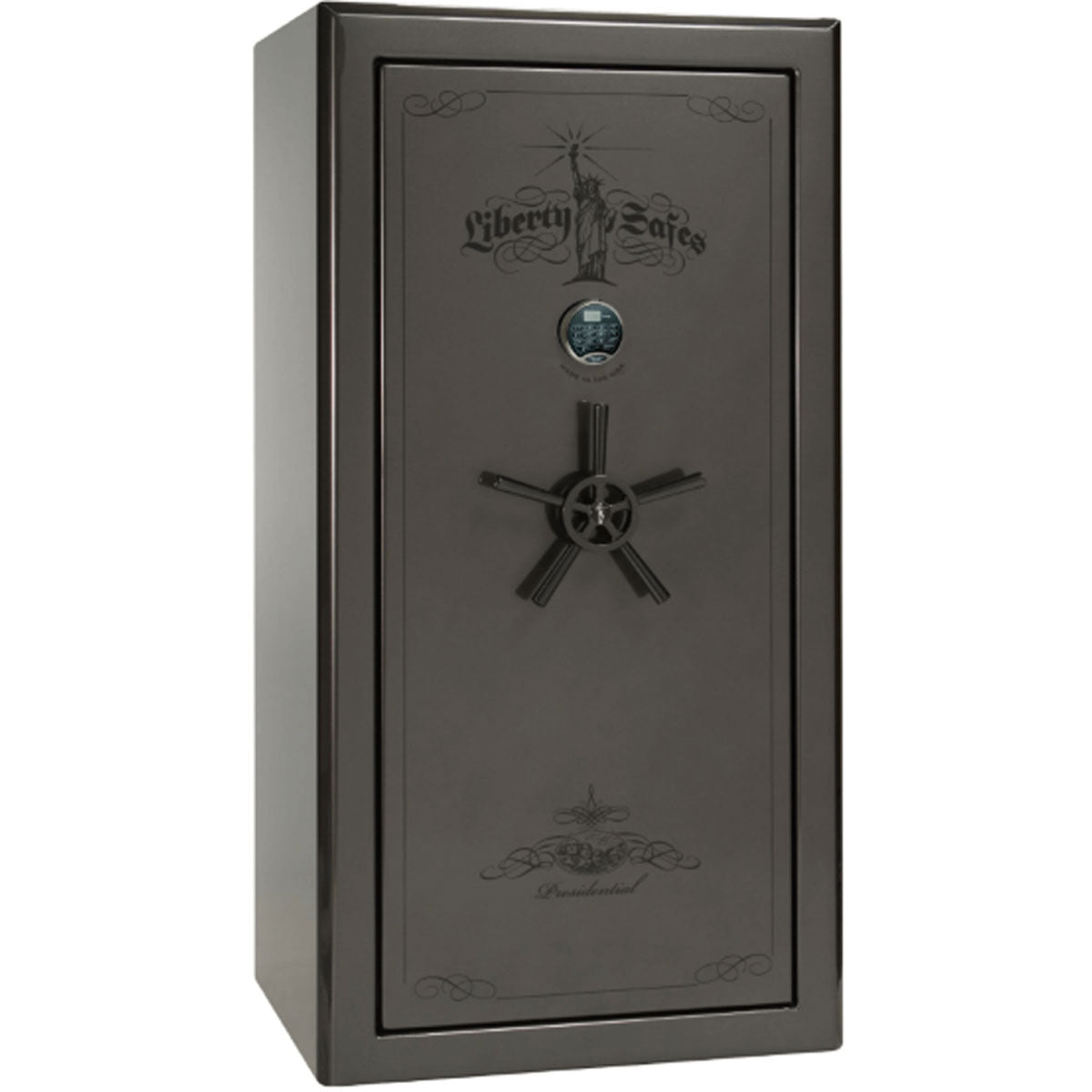 Liberty Safe Presidential 25 in Gray Gloss with Black Chrome Electronic Lock, closed door.