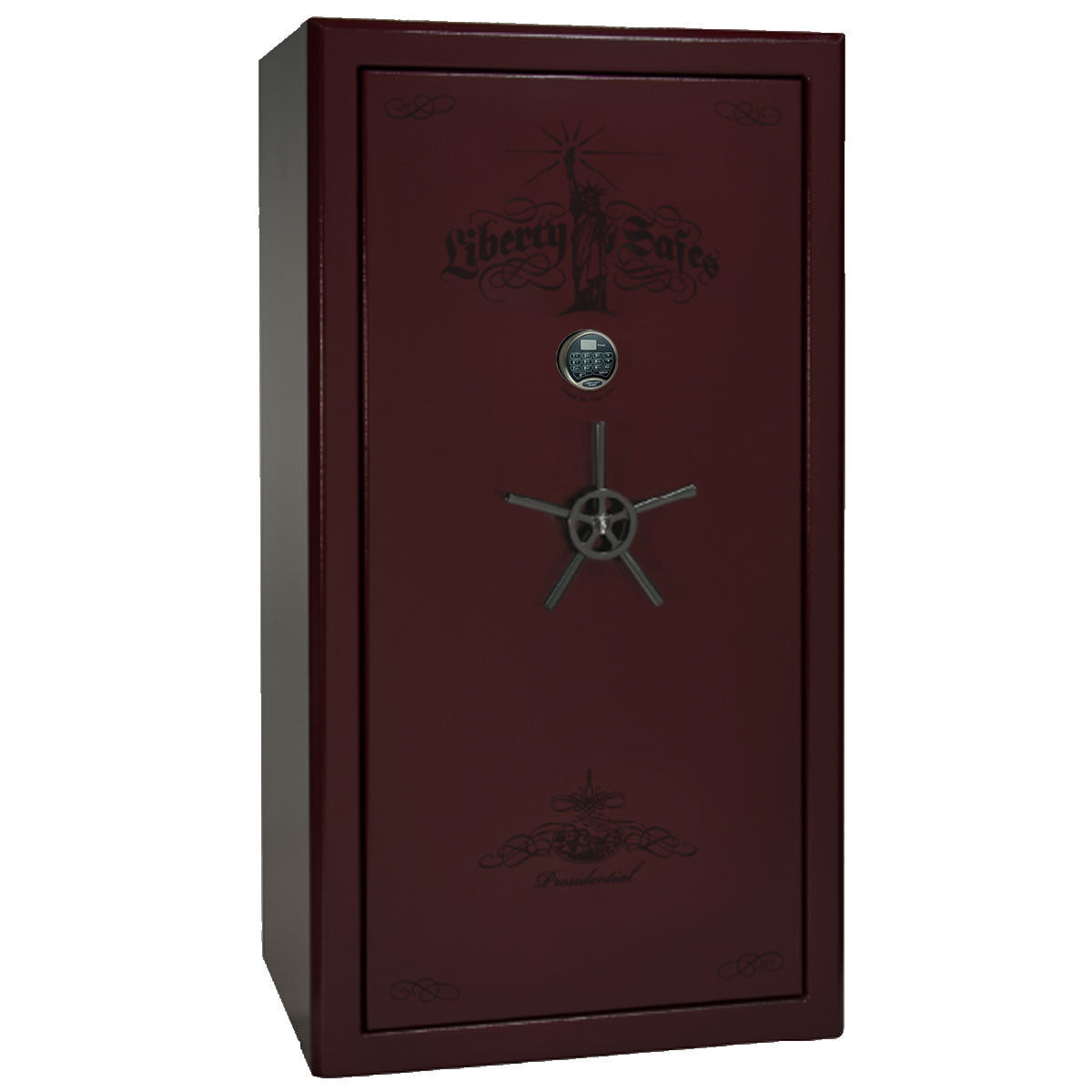 Liberty Safe Presidential 40 in Burgundy Marble with Black Chrome Electronic Lock, closed door.