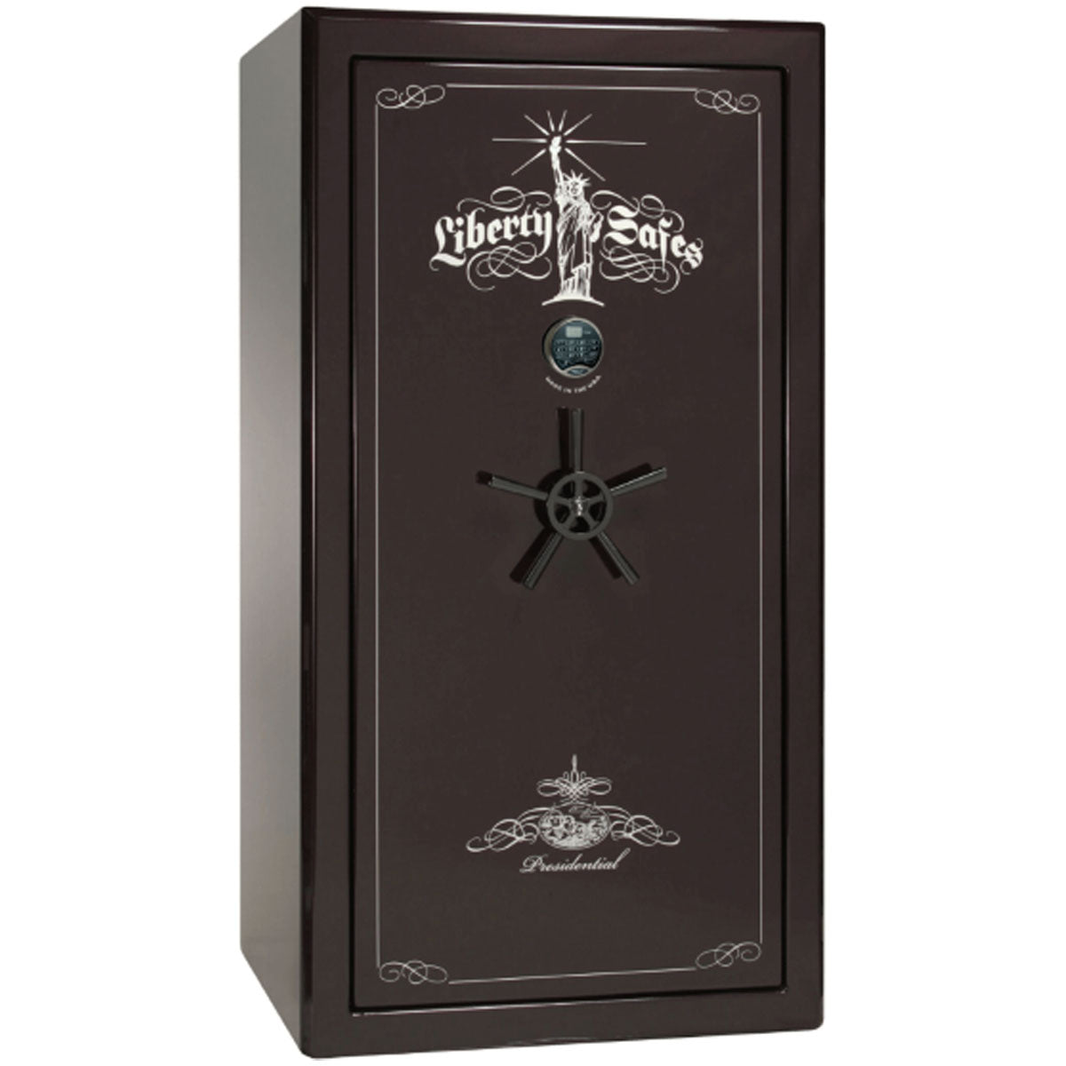 Liberty Safe Presidential 40 in Black Cherry Gloss with Black Chrome Electronic Lock, closed door.