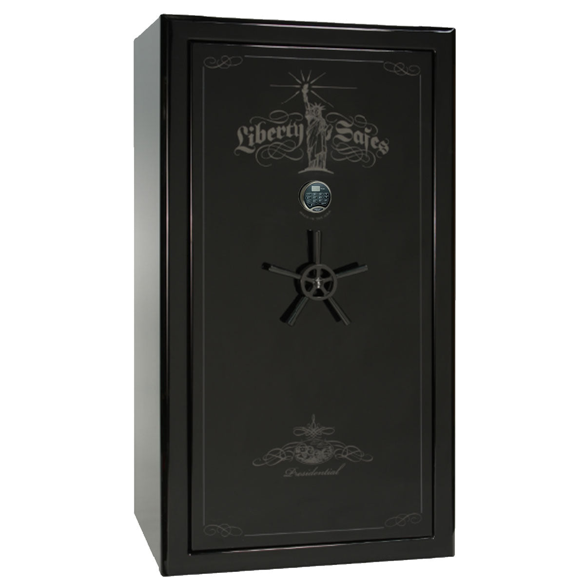 Liberty Safe Presidential 40 in Black Gloss with Black Chrome Electronic Lock, closed door.