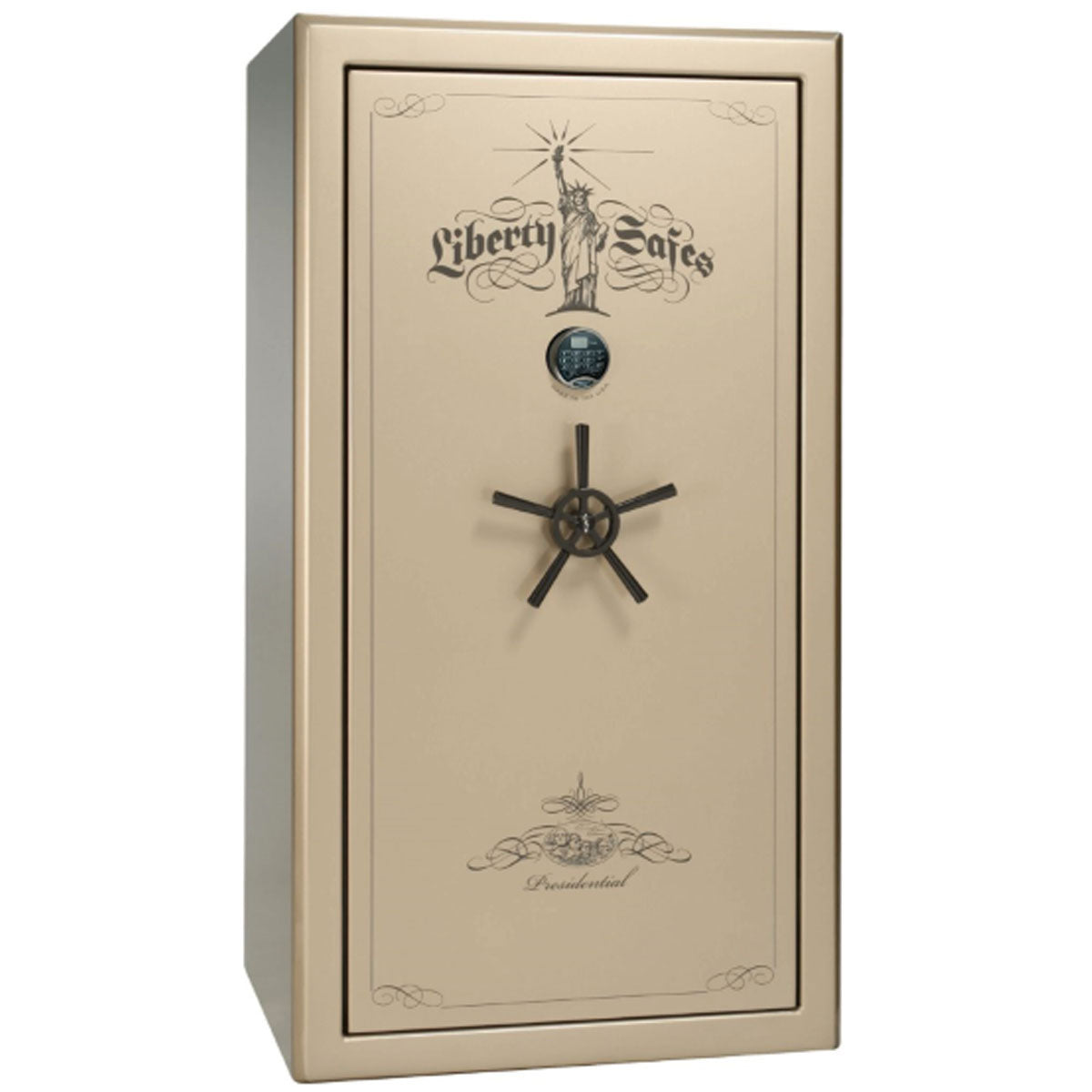 Liberty Safe Presidential 40 in Champagne Gloss with Black Chrome Electronic Lock, closed door.
