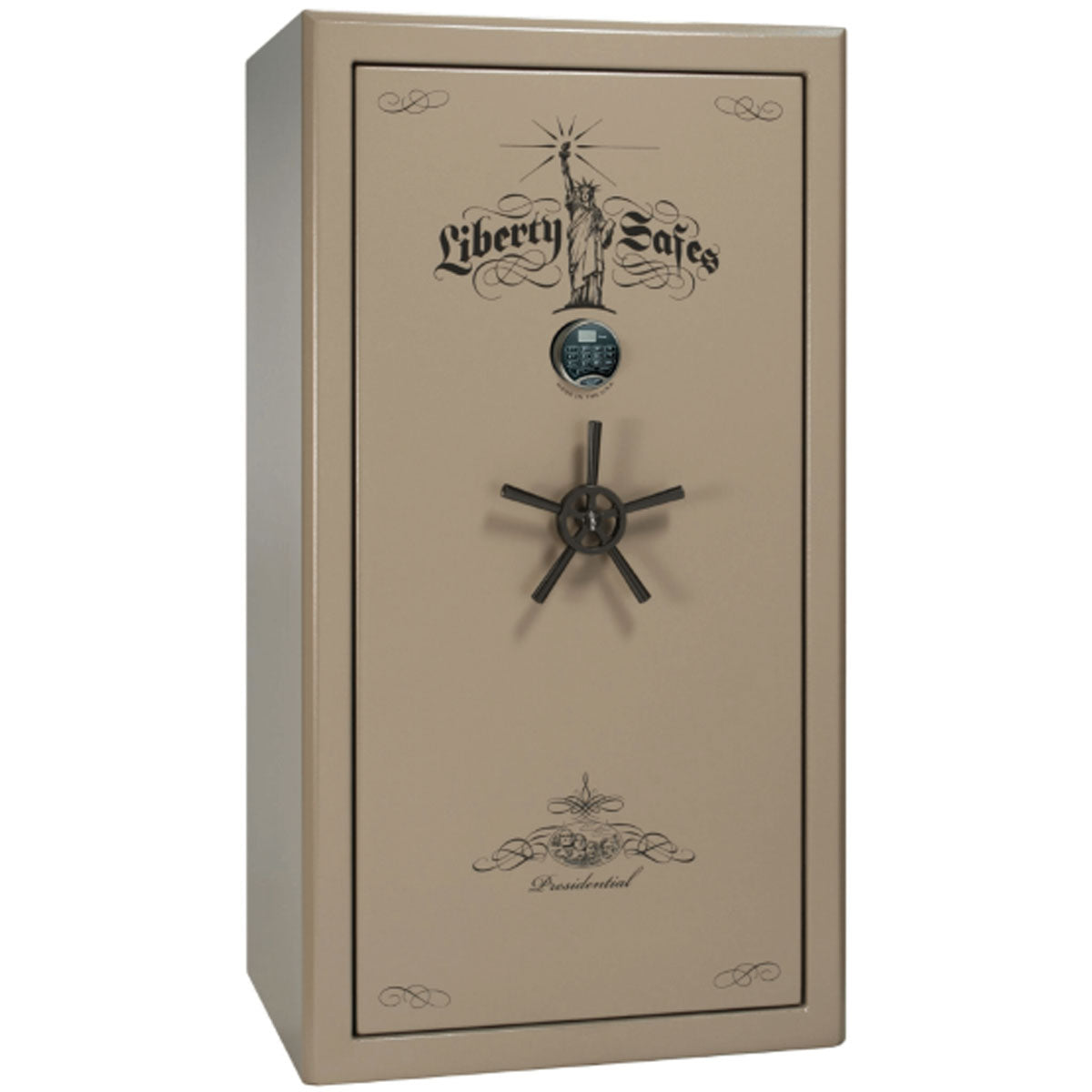 Liberty Safe Presidential 40 in Champagne Marble with Black Chrome Electronic Lock, closed door.