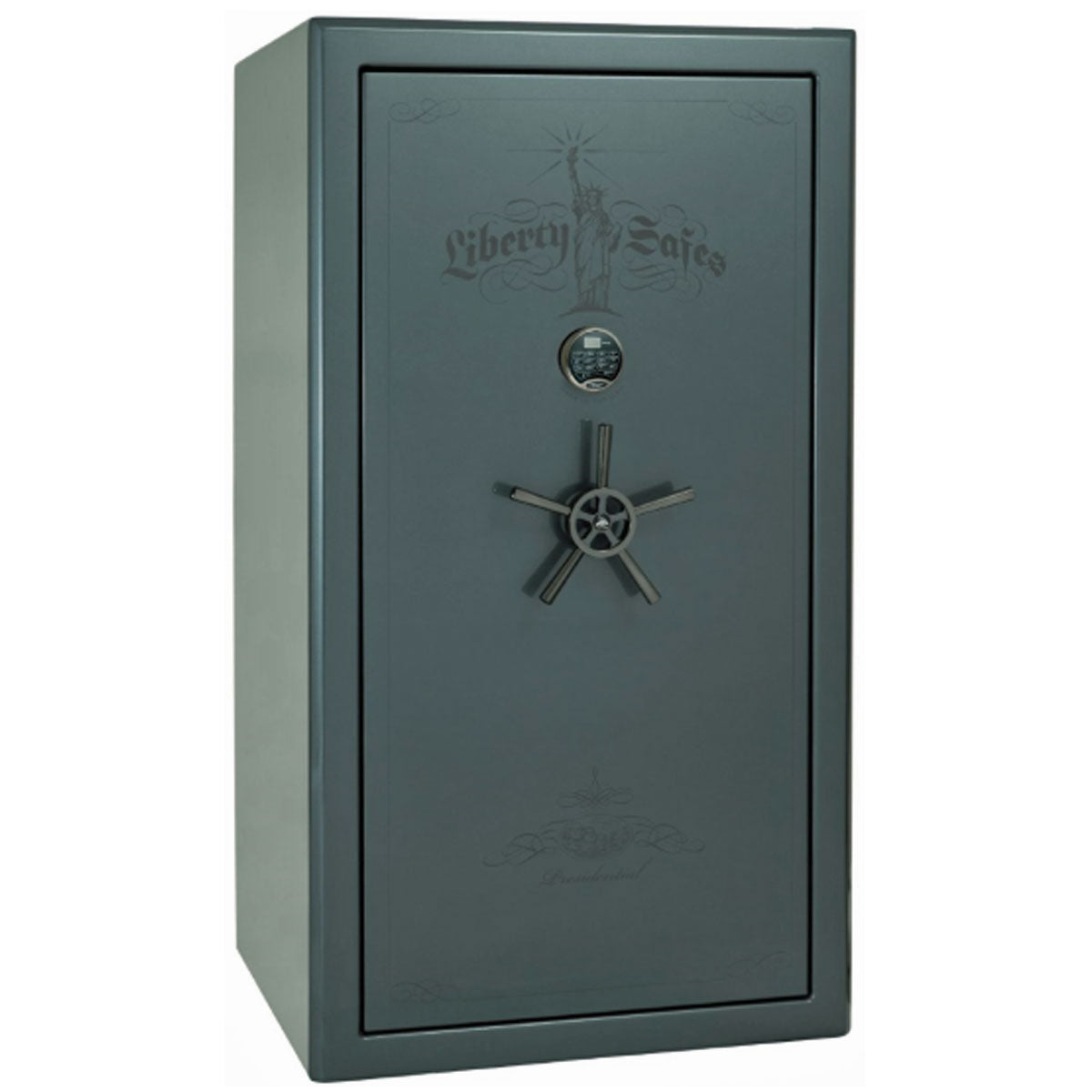 Liberty Safe Presidential 40 in Forest Mist Gloss with Black Chrome Electronic Lock, closed door.